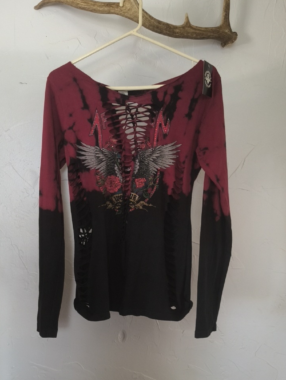 Affliction Red and Black Lace-Up T Wing Graphic Long Sleeve Top